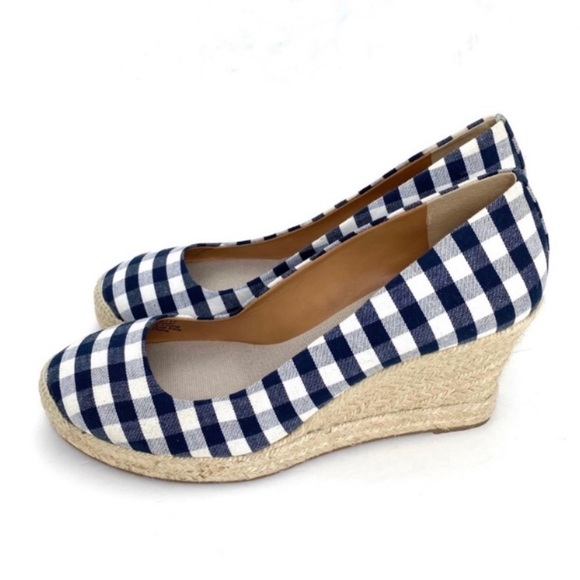 J.CREW Gingham Check Canvas Espadrilles Wedge Heel Blue / White Size 9.5 # E8117 - Picture 6 of 11